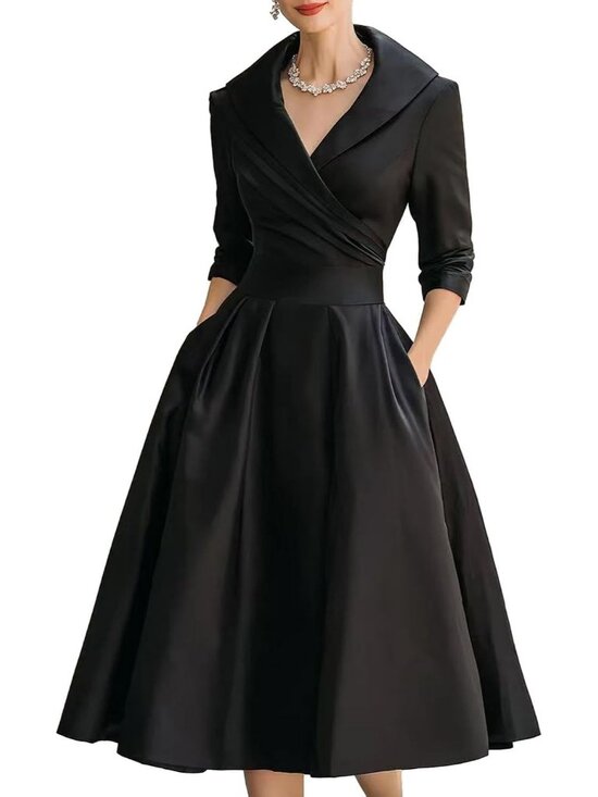 Dresses & Skirts - Women's Black Wrap Long Sleeve V-Neck Silky Casual Elegant Midi Church Dress